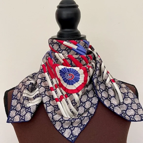 Gucci Scarf Logo GG Print Club WEB Blue Silk Wrap with Gucci Gift Box